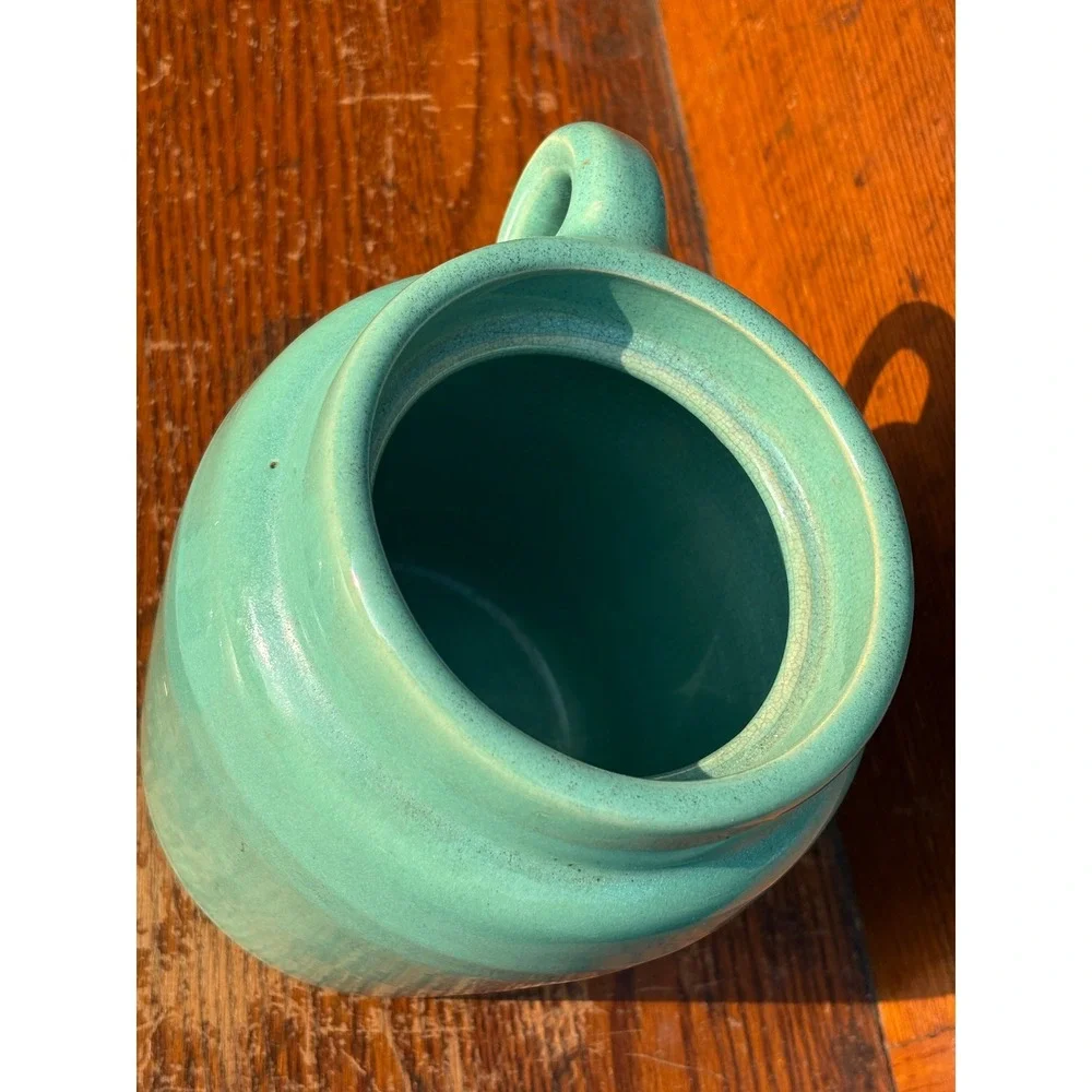Vintage Turquoise Ceramic Bean Pot Lidded Cookie Jar Handled Stoneware Green